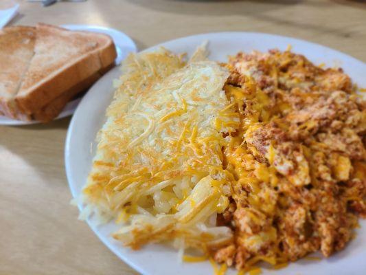 3 egg scramble with chorizo and cheddar cheese. Side of toast and hashbrowns