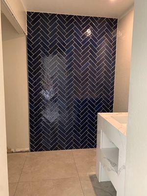 Blue Cloe herringbone pattern accent wall