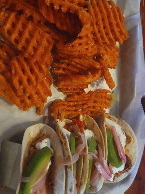 Chicken tacos with sweet potato fries