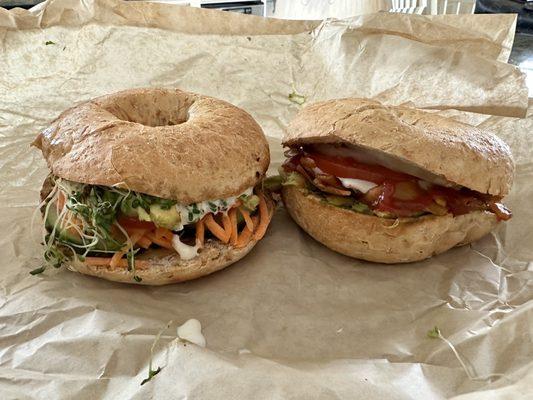 Veggie bagel and full loaded breakfast sandwich