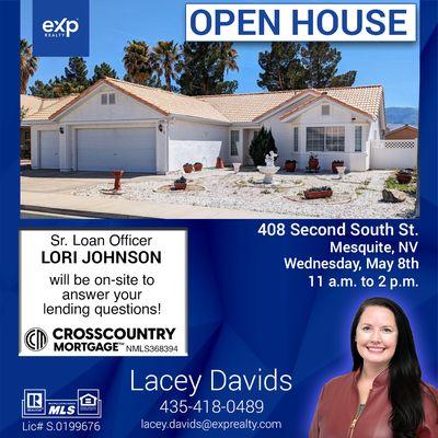 Join me and Loan Officer Lori Johnson from Cross Country Mortgage at 408 Second South Street, Mesquite, NV on Wednesday, May 8th  11-2 pm