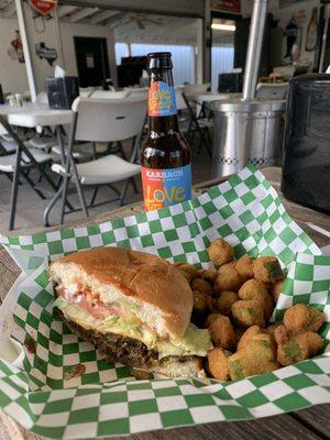 Steak burger, fried okra, cold beer