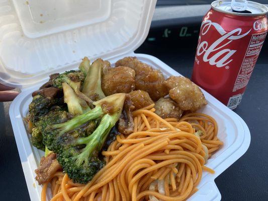 $7 combo with beef and broccoli, sesame chicken, lo mein (egg roll not pictured as I ate it too soon).