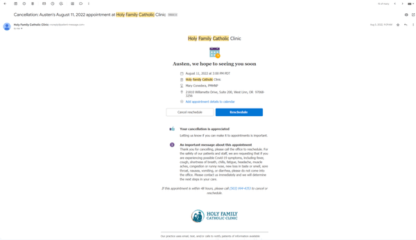 Cancellation Email from august 5th confirming cancellation of my appt on aug 11