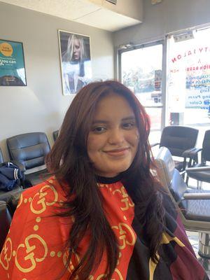 Full haircolor deep dark red and longlayershaircuts with Curtainbangs