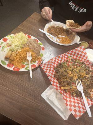 Carne asada Super Fries 3 Rolled Taquitos plate Birria plate