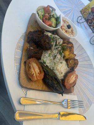 Chicken & Beef BBQ Plate with rice, summer salad and hummus.