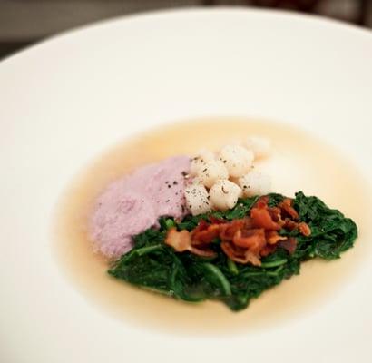 Lobster Consomme with Quick Braised Scallops, Purple Cauliflower and Marrow Puree, Homecured Bacon and Wilted Arugula