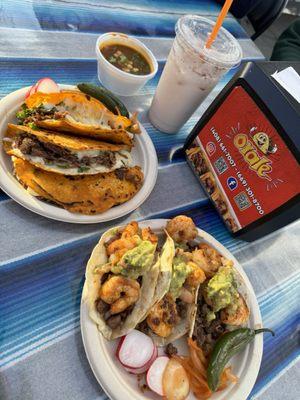 Quesabirria (Top), Tacos Mar Y Tierra (Bottom), Horchata