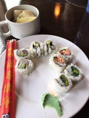 Sushi and wonton soup from the buffet