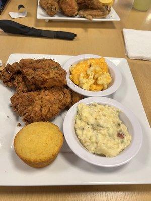 3 fried Breast with Mac & Cheese, Potato Salad and Cornbread.