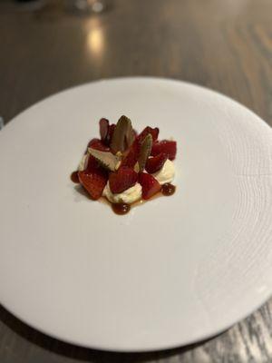 Local strawberries and pine nuts dessert (peep the pickled strawberries!)