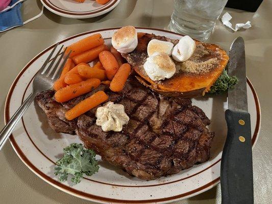 Ribeye and sweet potato with brown sugar and marshmallow