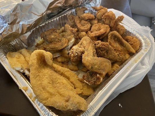 Catfish, whole chicken wings, fried shrimp