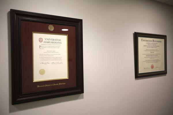 Dr. Shen (Harvard) and Dr. Zhang (Boston) diplomas