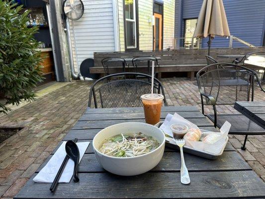 Beef Pho, Shrimp Spring Roll, Vietnamese ice tea.