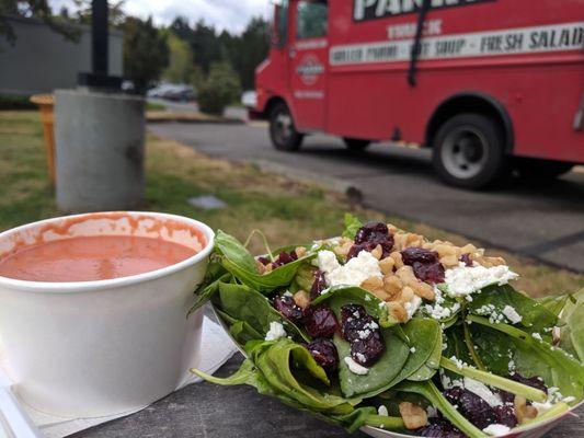 Their Tomato Basil Bisque Soup and a Spinach Salad with Raspberry Vinaigrette