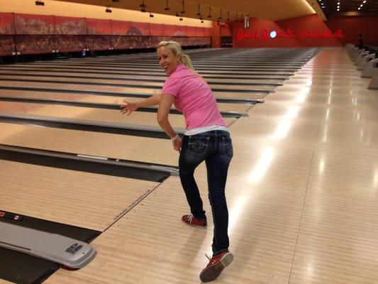 Kayla M. pretending to bowl