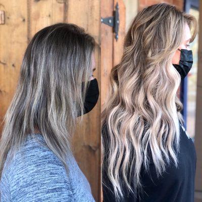 Before/After- Hair extensions custom colored and installed by Angela Clerou, certified in the Natural Beaded Row(NBR)method