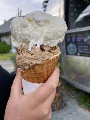 Double decker in a waffle cone: white chocolate and coffee heath bar ice cream.