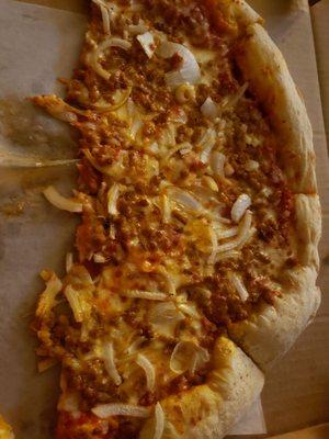 Really good sausage and onion pizza!