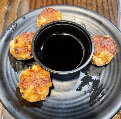 Shrimp Shumai Tempura. Deep fried shrimp dumplings served with tempura sauce