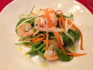 Poached Shrimp and Baby Spinach Salad with Shaved Root Vegetables in a Citrus Vinaigrette