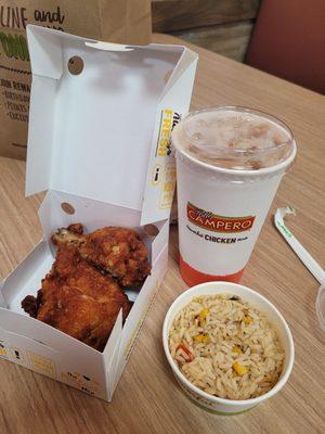 2 pieces of chicken with rice and drink for$15