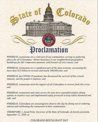 September 12 is Officially Colorado Restaurant Day. Thank You Governor Polis for Your Support!