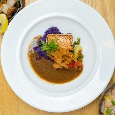 Pan Seared Salmon with - mashed 
 ube, smoked cherry tomatoes, mixed mushroom, garlic rice