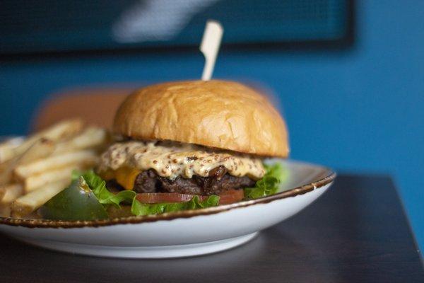 OFFICE BURGER* Black Angus, Stone Ground Mustard Aioli, Cheddar, Grilled Onions, Brioche Bun