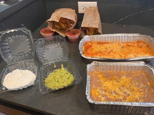 Chips and Salsa, Bean & Cheese Burrito, Side of Refried Beans, Side of Guacamole, Side of Sour Cream