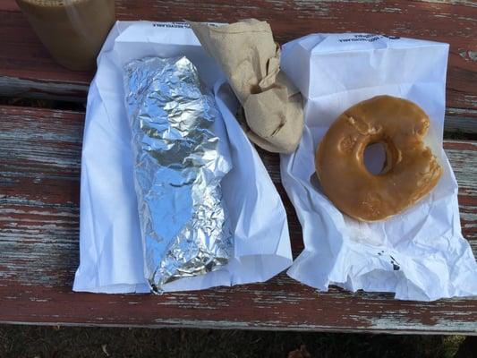 Potato, egg, and cheese wrap with a maple glazed doughnut for a whopping low price of $2.75