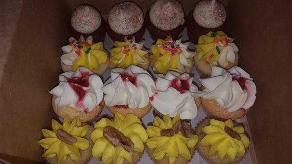 Red velvet, sprinkle, strawberry filled (new favorite), and a banana nut cupcake