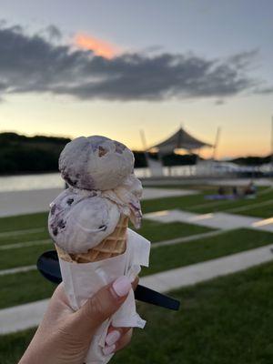 Blueberry cheesecake in a waffle cone