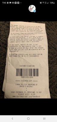 David's Bridal receipt showing return information.