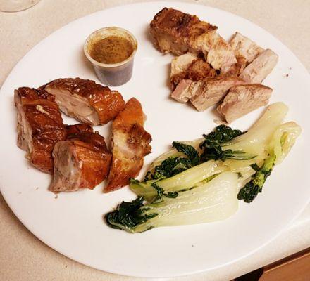 At home with my delicious roast duck, roast pork, and stir fried baby bok choy