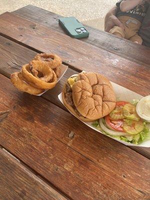 Burger and onion rings