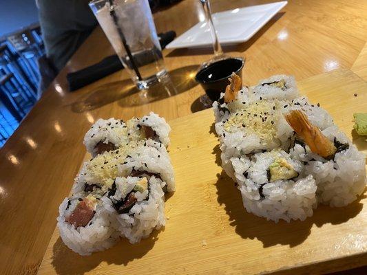 An attempt at sushi.  Notice how much rice and the soggy tempura flakes.