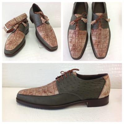 Men's shoes in green and tan alligator.