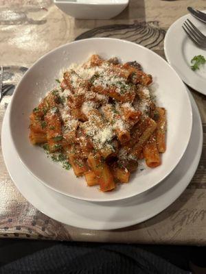 Penne alla Puttanesca with fresh Parmesan over the top.  Thick tomato sauce with tender Penne.  Delicious!