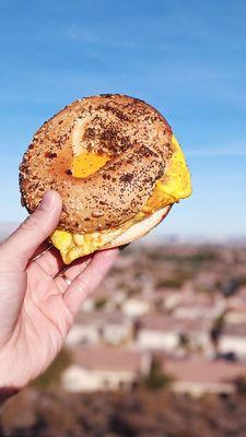 Spam, egg, and cheese on everything bagel