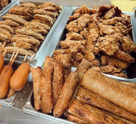 Chicken Tenders, egg rolls and pizza sticks.