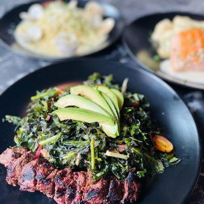 Steak Salad - grilled korean steak, kale, avocado, cherry tomatoes, pickled onion, jicama, cilantro lime dressing