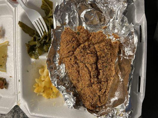 Southern Catfish & Mac w/Collard Greens (Half Eaten)