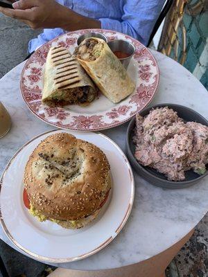 Breakfast Burrito 2.0 or Bowl, Jackfruit "ChickenSalad",  Bagel with tofu scramble and bacon