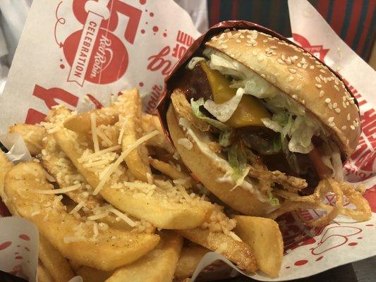 Whiskey River BBQ Burger with garlic fries