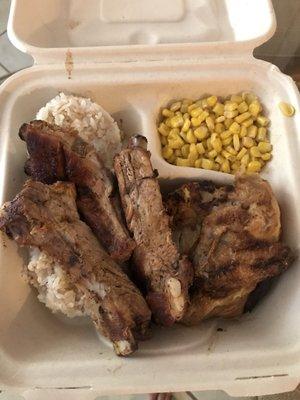 Huli Huli Chicken and Rib combo with white rice and corn