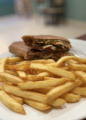 Churrasco Sandwich (Beefless Steak) on Wheat Bread with fries