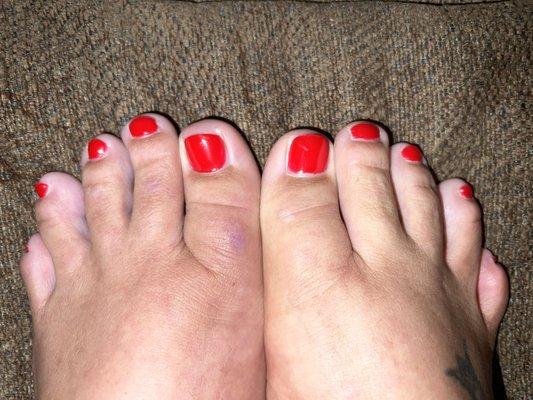 Basic pedicure + $15 up charge for gel instead of acrylic on each big toe = $47